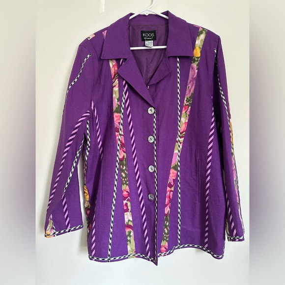 Koos of Course Purple Linen Blend Floral Striped Checker Silk Ribbon Blazer - Picture 4 of 8